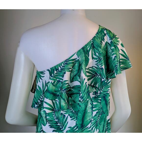 Gianni Bini Pam Shift Minidress Small Green Palm Leaf One Shoulder Tropical NEW - Picture 7 of 10